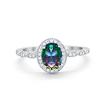 Oval Engagement Ring Halo Bridal Simulated Rainbow CZ 925 Sterling Silver